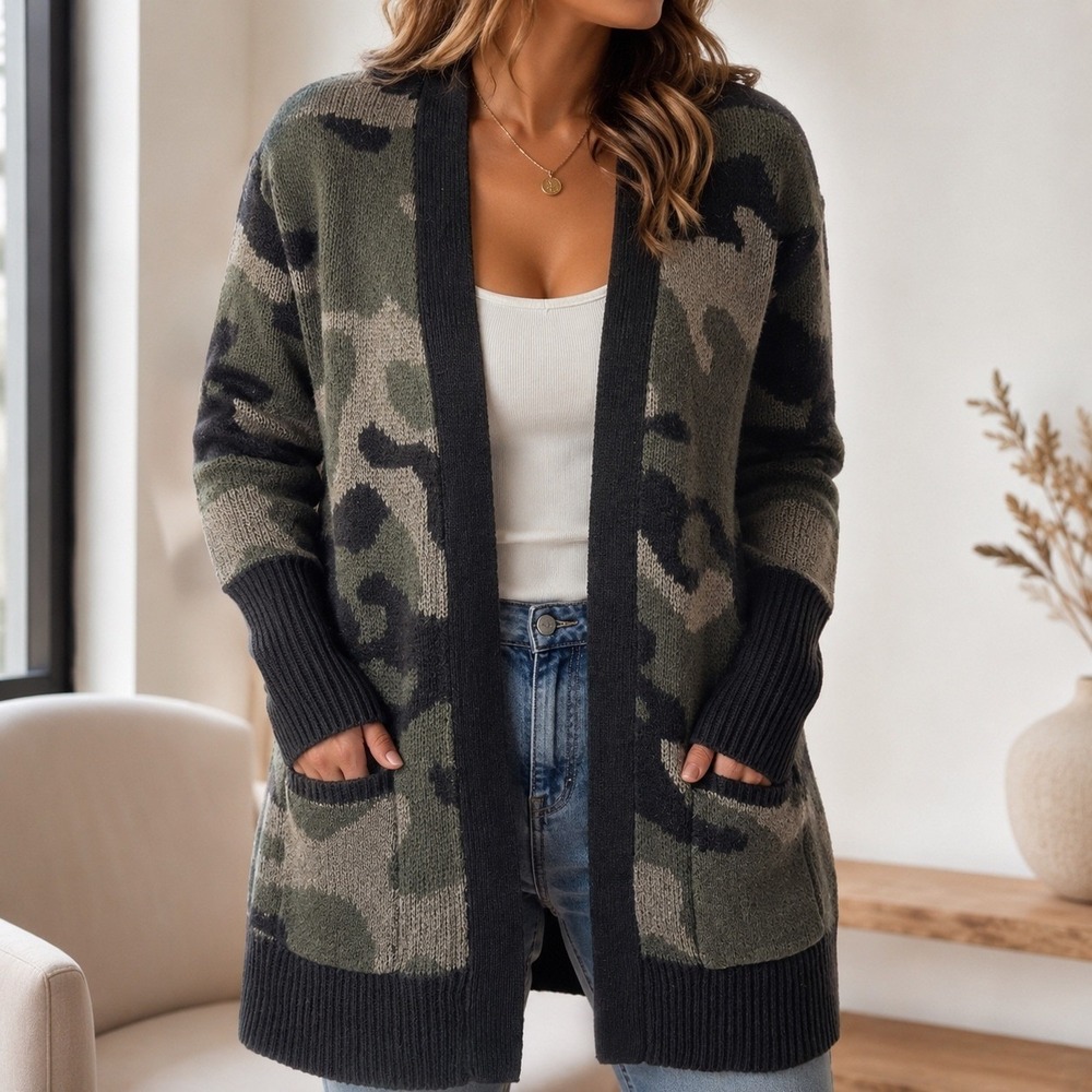 Camo Open Front Cardigan Sweater Green Grey Camo Knit Pockets Womens M